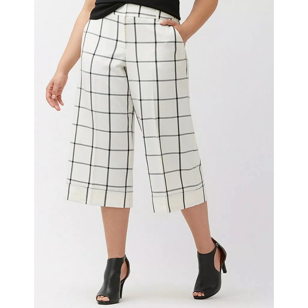 NWT Lane Bryant Women's Sz 16 White Plaid "Lena" Cuffed Wide Leg Cropped Pants